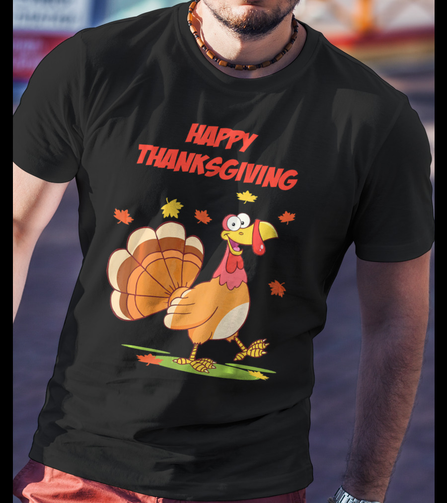 Happy Thanksgiving Funny Turkey Festive Cartoon With Falling Leaves T-Shirt