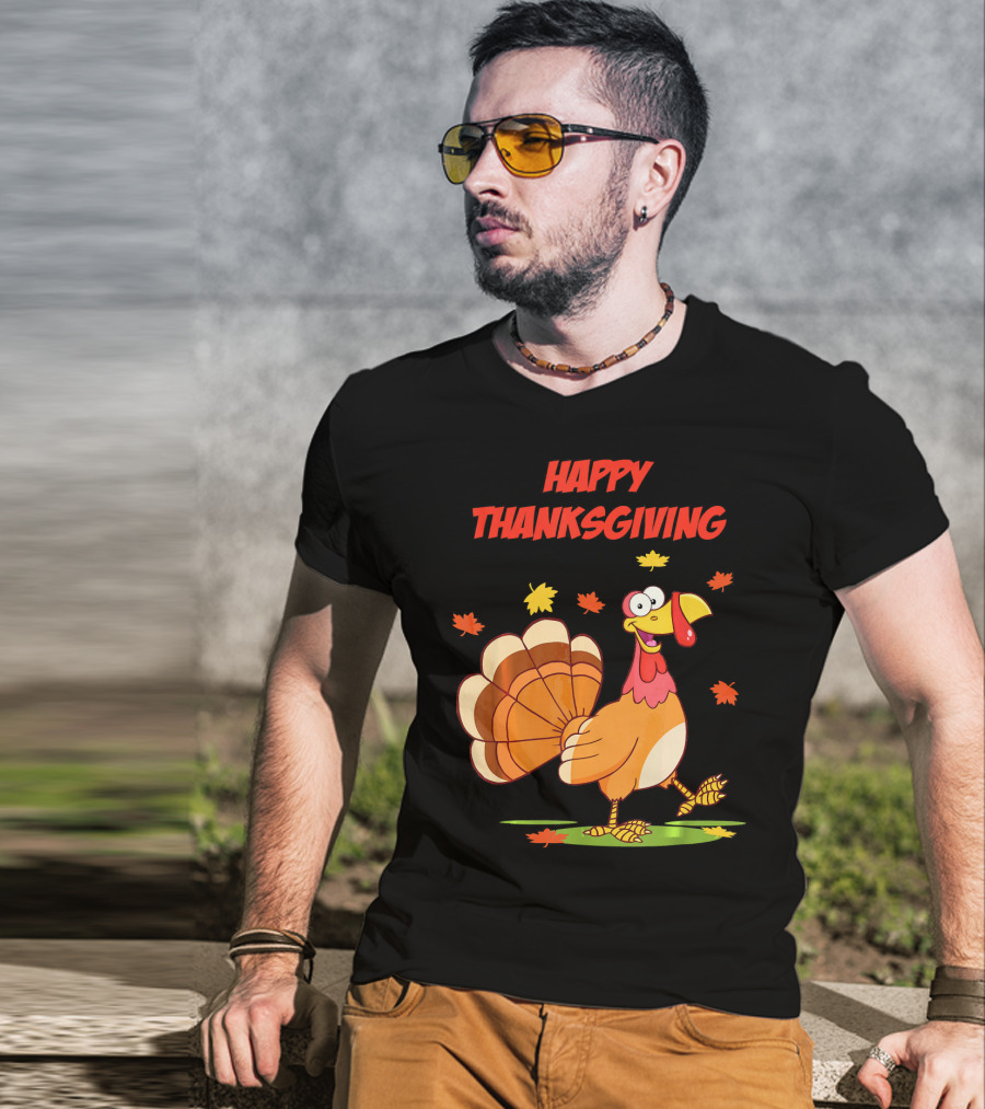 Happy Thanksgiving Funny Turkey Festive Cartoon With Falling Leaves T-Shirt