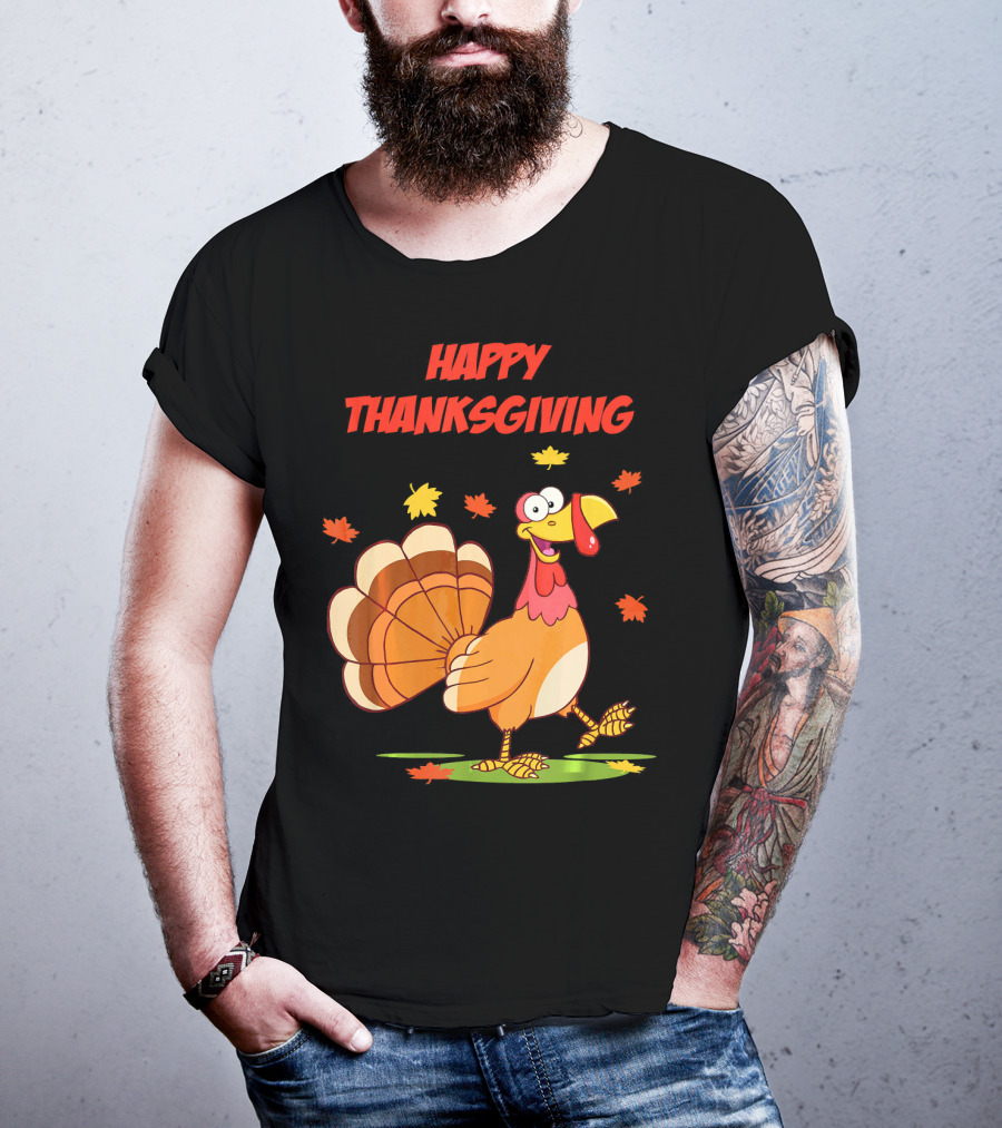 Happy Thanksgiving Funny Turkey Festive Cartoon With Falling Leaves T-Shirt