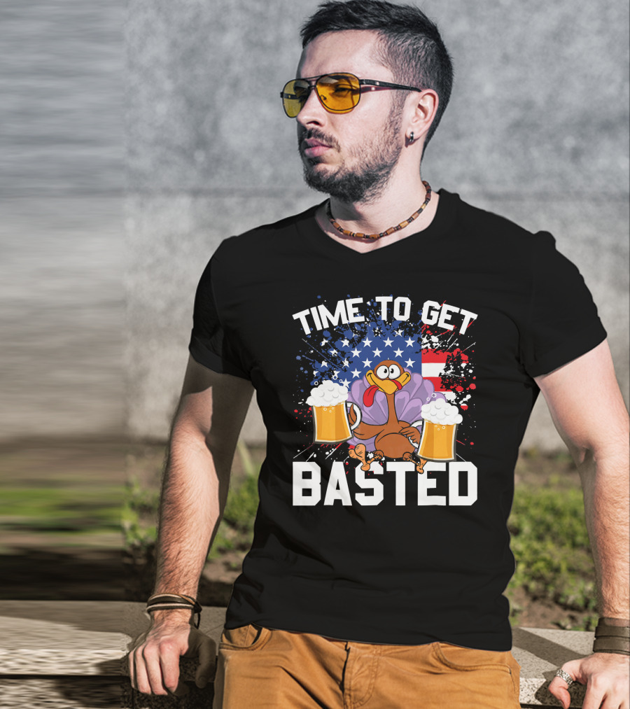 Time To Get Basted Thanksgiving Turkey With Beers And American Flag T-Shirt