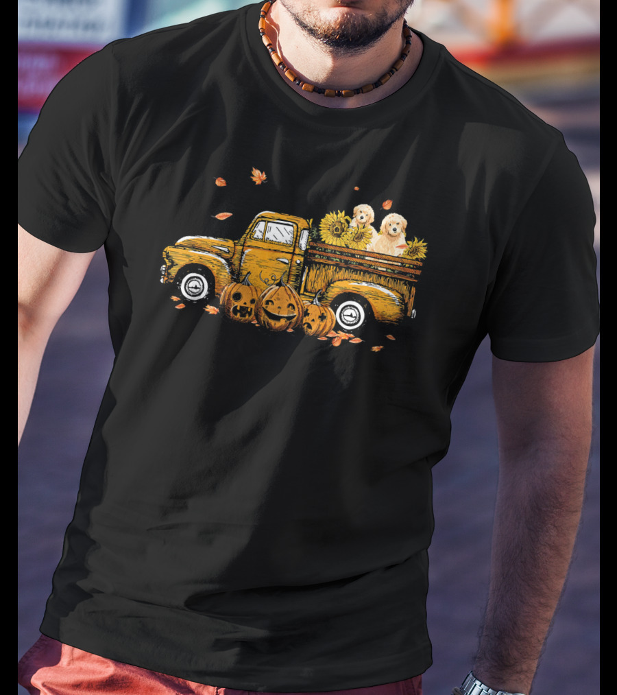 Pumpkin Truck With Sunflowers And Dogs Halloween Scene T-Shirt