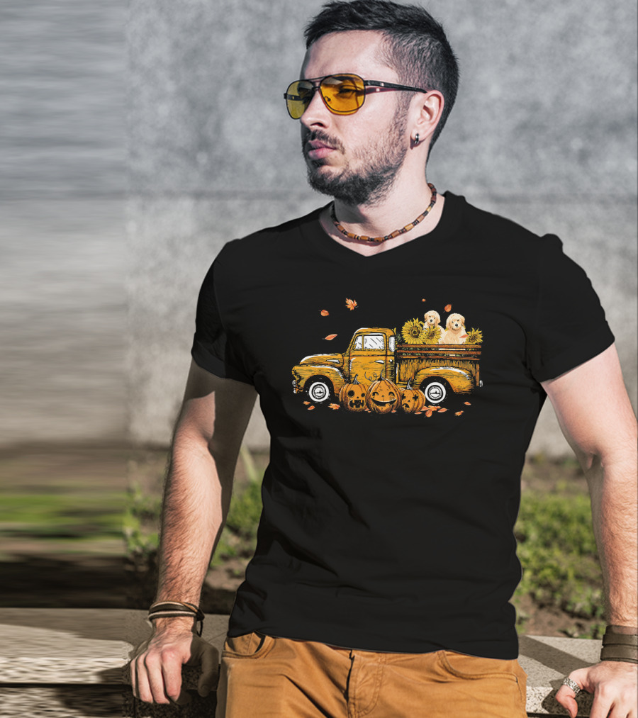 Pumpkin Truck With Sunflowers And Dogs Halloween Scene T-Shirt