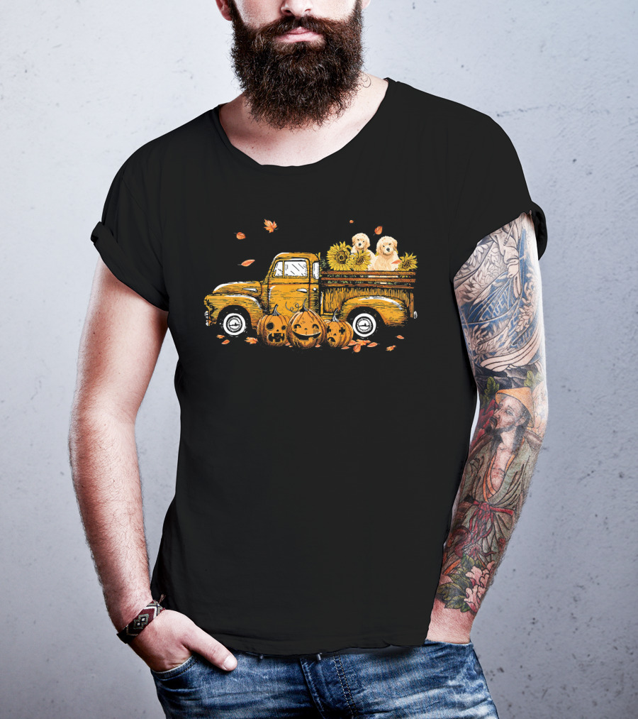 Pumpkin Truck With Sunflowers And Dogs Halloween Scene T-Shirt