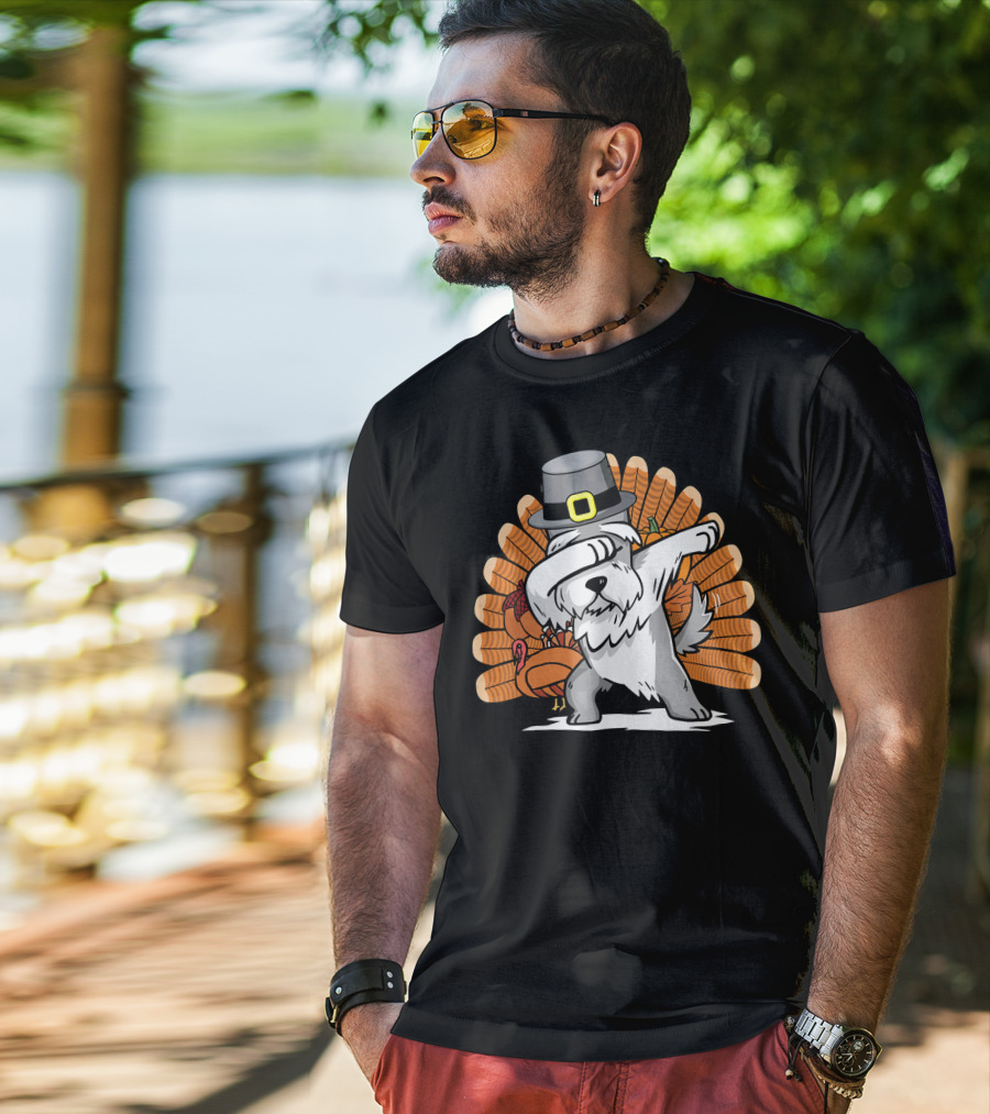 Funny Dabbing Schnauzer Thanksgiving Pilgrim Hat Turkey Dance T-Shirt