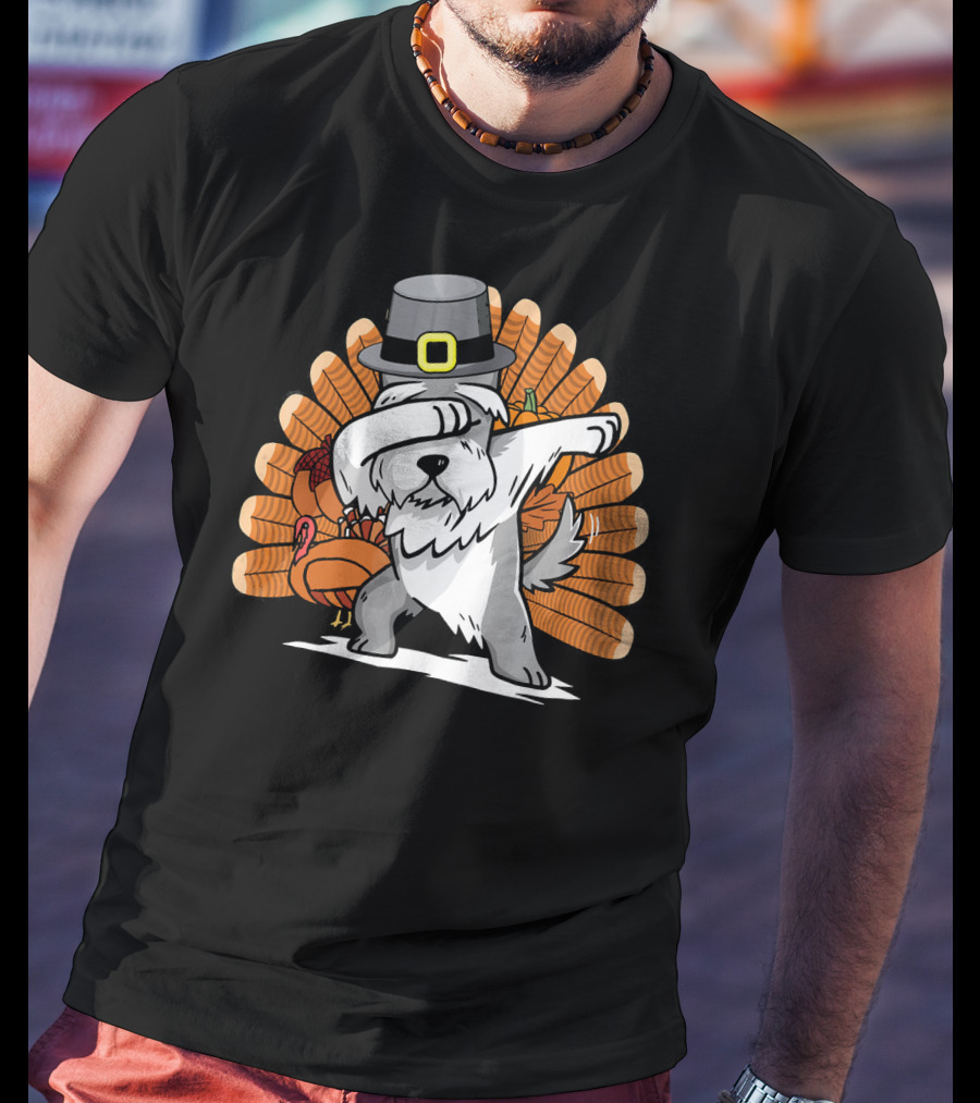 Funny Dabbing Schnauzer Thanksgiving Pilgrim Hat Turkey Dance T-Shirt