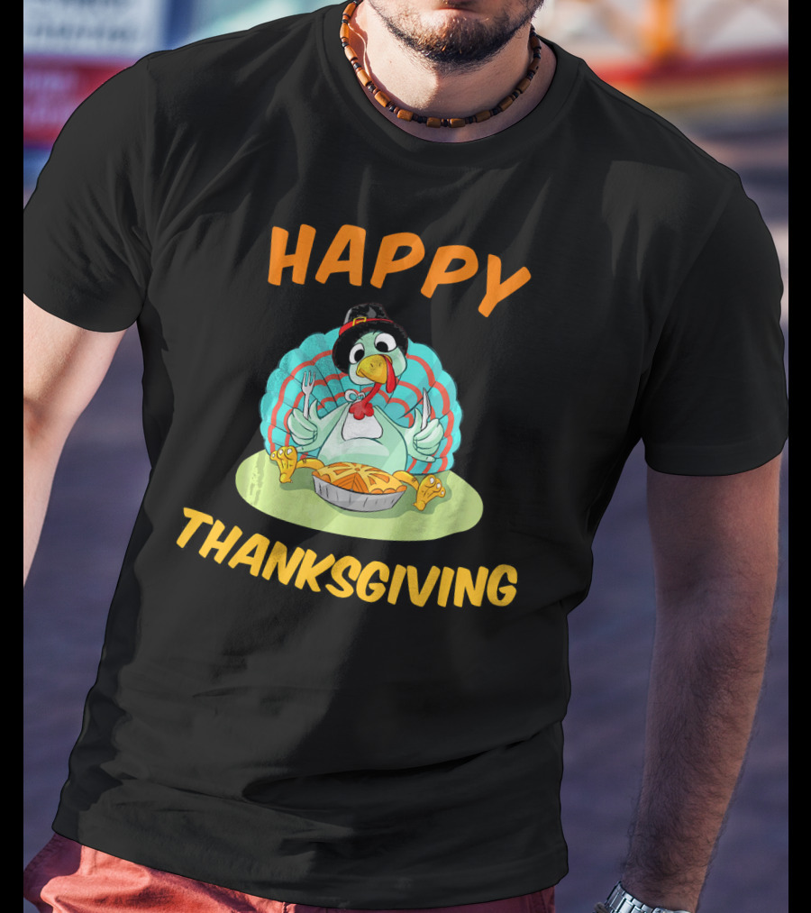 Happy Thanksgiving Funny Turkey Day Turkey Eating Pie T-Shirt