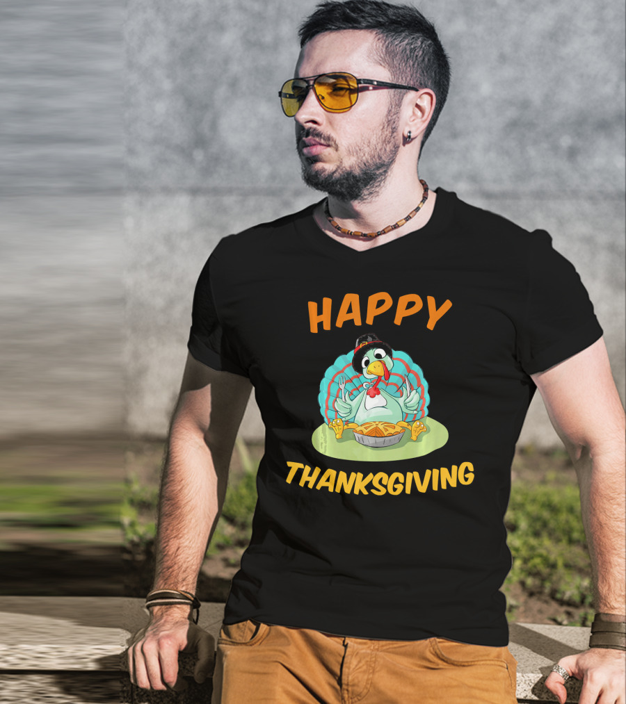 Happy Thanksgiving Funny Turkey Day Turkey Eating Pie T-Shirt