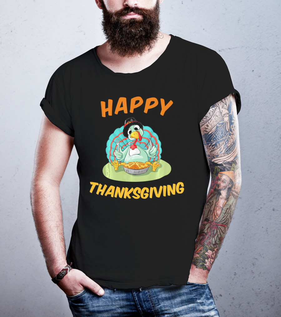 Happy Thanksgiving Funny Turkey Day Turkey Eating Pie T-Shirt