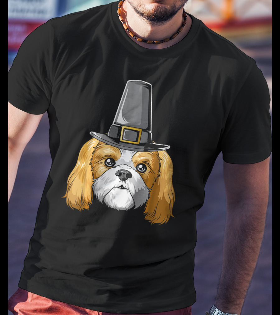 Shih Tzu Wearing Pilgrim Hat Thanksgiving T-Shirt