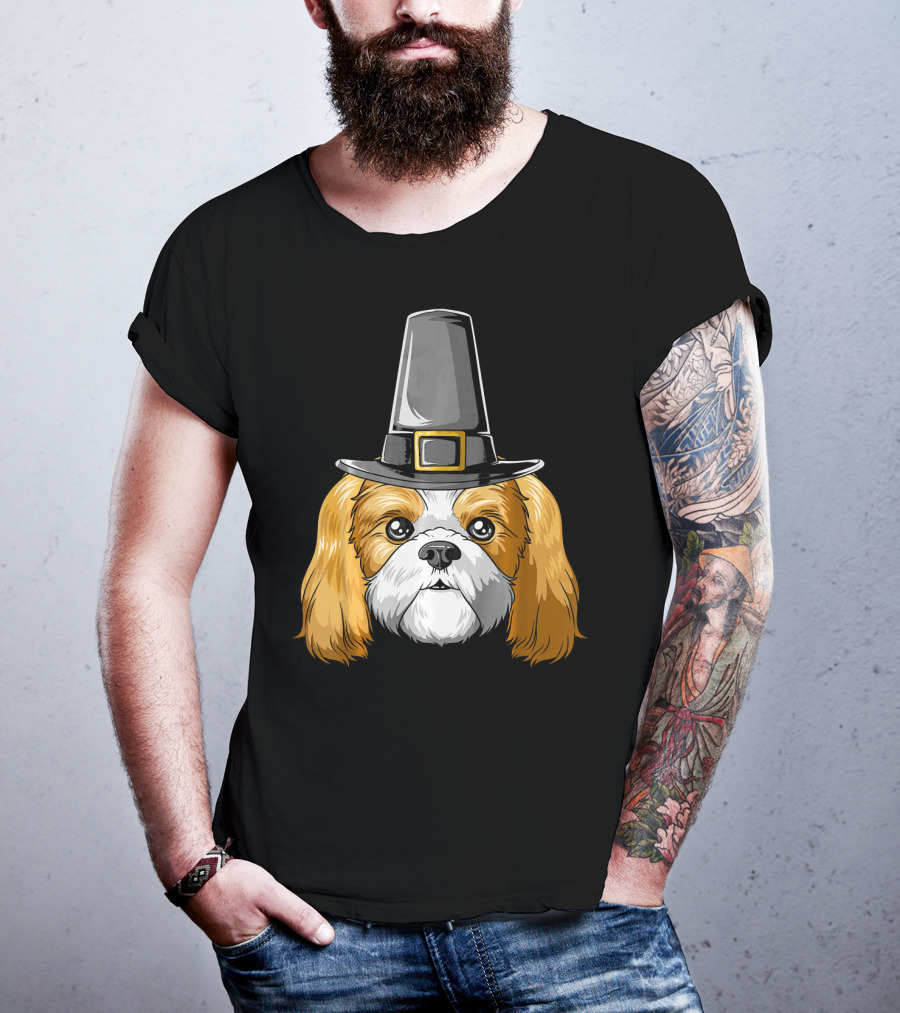 Shih Tzu Wearing Pilgrim Hat Thanksgiving T-Shirt