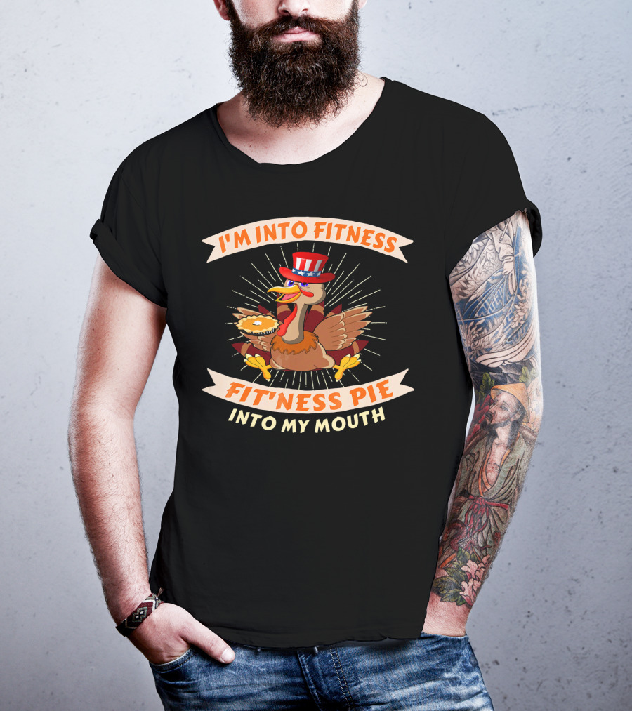 I'm Into Fitness Pie Into My Mouth Thanksgiving USA Flag Turkey T-Shirt