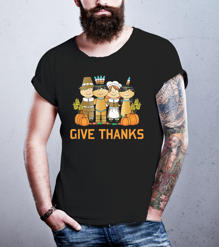 Give Thanks Pumpkin Harvest Pilgrim Native American T-Shirt