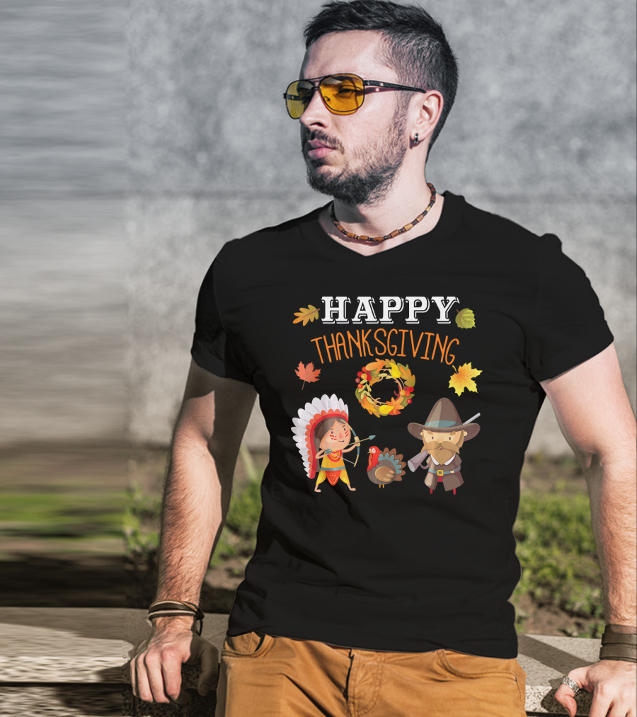 Thanksgiving Celebration With Native American And Pilgrim Turkey T-Shirt