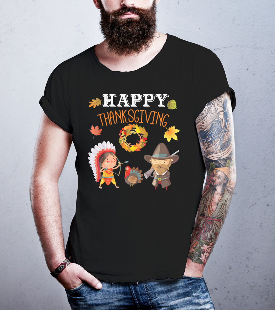 Thanksgiving Celebration With Native American And Pilgrim Turkey T-Shirt