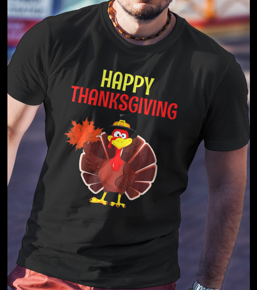 HAPPY THANKSGIVING Turkey Holding Leaf T-Shirt