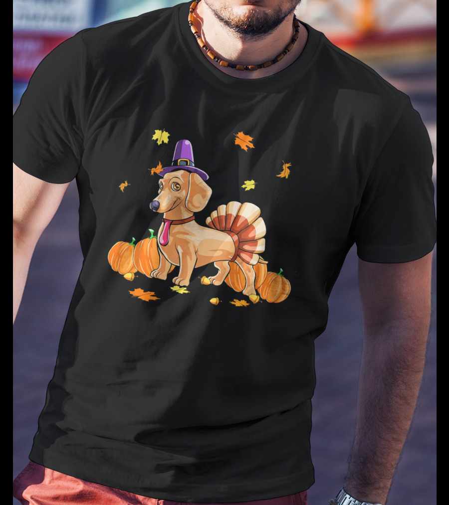 Happy Thanksgiving Dachshund Dressed As Turkey With Pumpkins And Fall Leaves T-Shirt