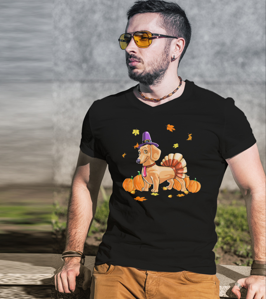 Happy Thanksgiving Dachshund Dressed As Turkey With Pumpkins And Fall Leaves T-Shirt