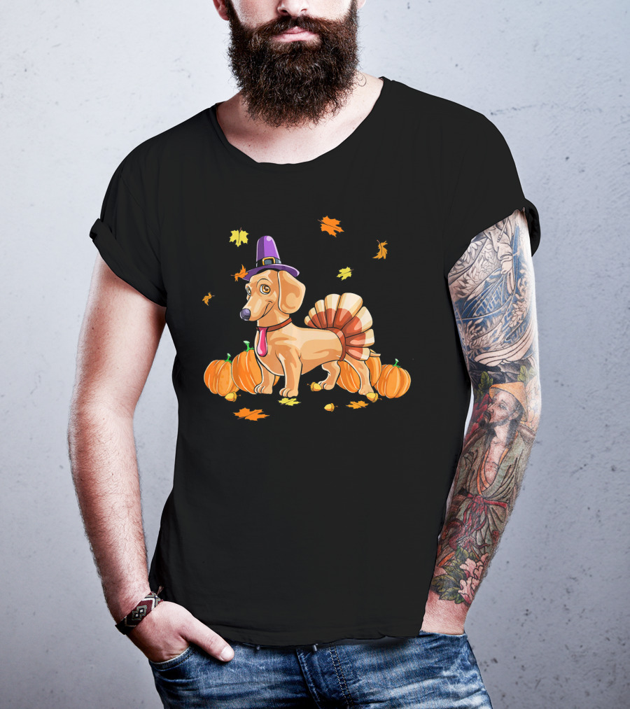 Happy Thanksgiving Dachshund Dressed As Turkey With Pumpkins And Fall Leaves T-Shirt