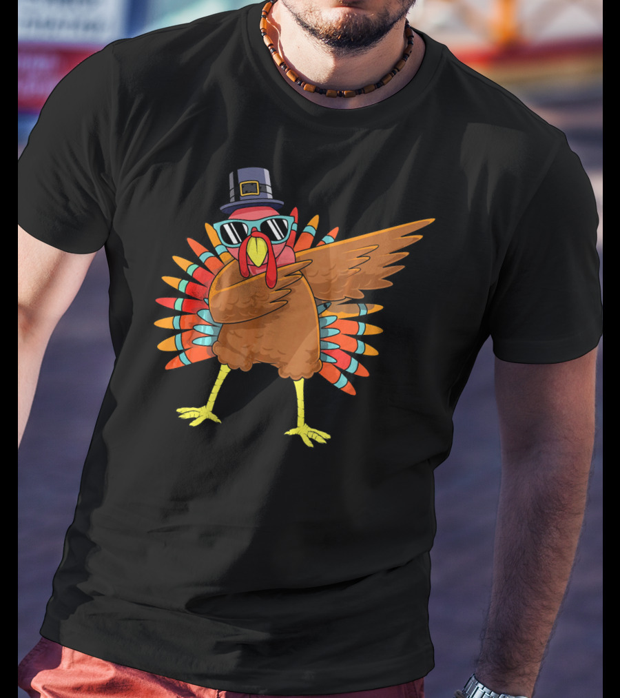 Funny Dabbing Turkey Dab Thanksgiving Bo Thanksgiving Turkey Dab Pilgrim Hat Sunglasses T-Shirt