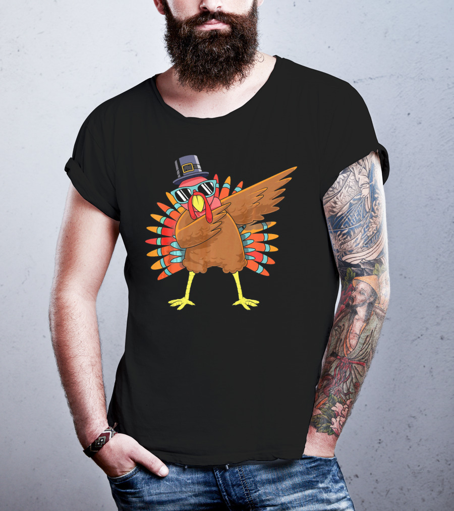 Funny Dabbing Turkey Dab Thanksgiving Bo Thanksgiving Turkey Dab Pilgrim Hat Sunglasses T-Shirt
