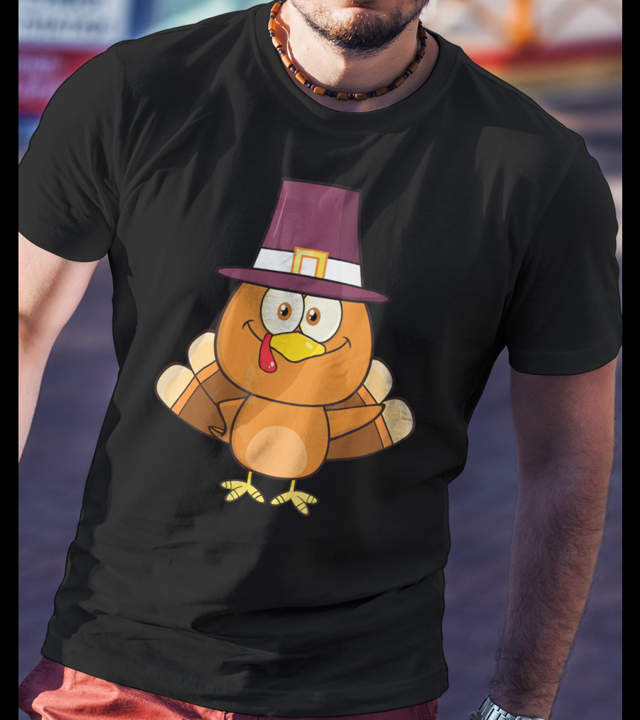 Cute Turkey Pilgrim With Hat And Feathered Wings T-Shirt
