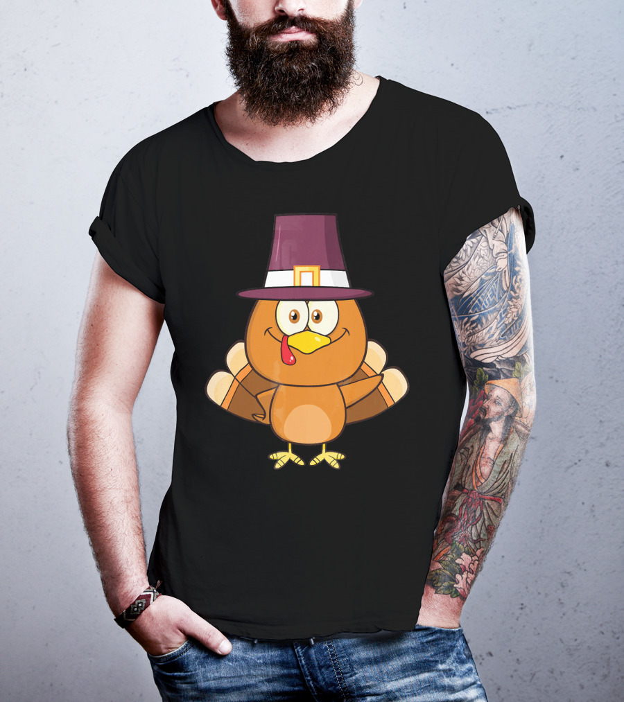 Cute Turkey Pilgrim With Hat And Feathered Wings T-Shirt
