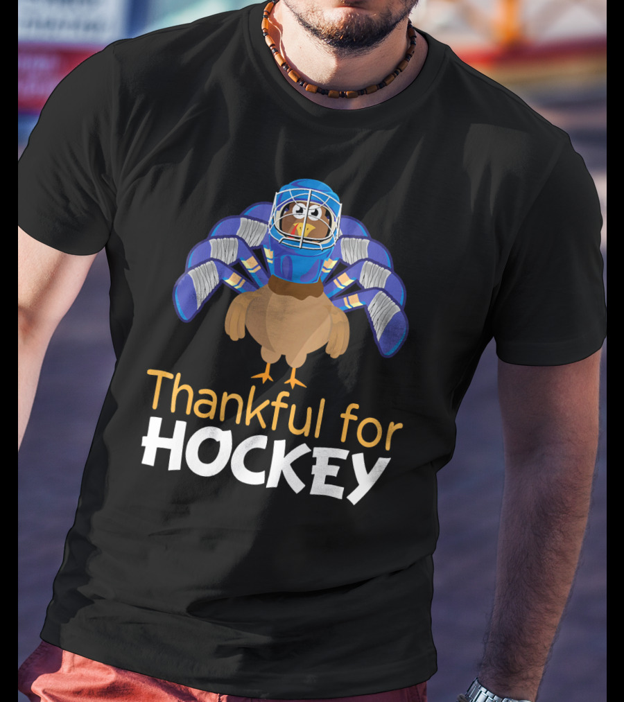 Thankful For Hockey Funny Turkey With Goalie Mask And Stick Feathers T-Shirt