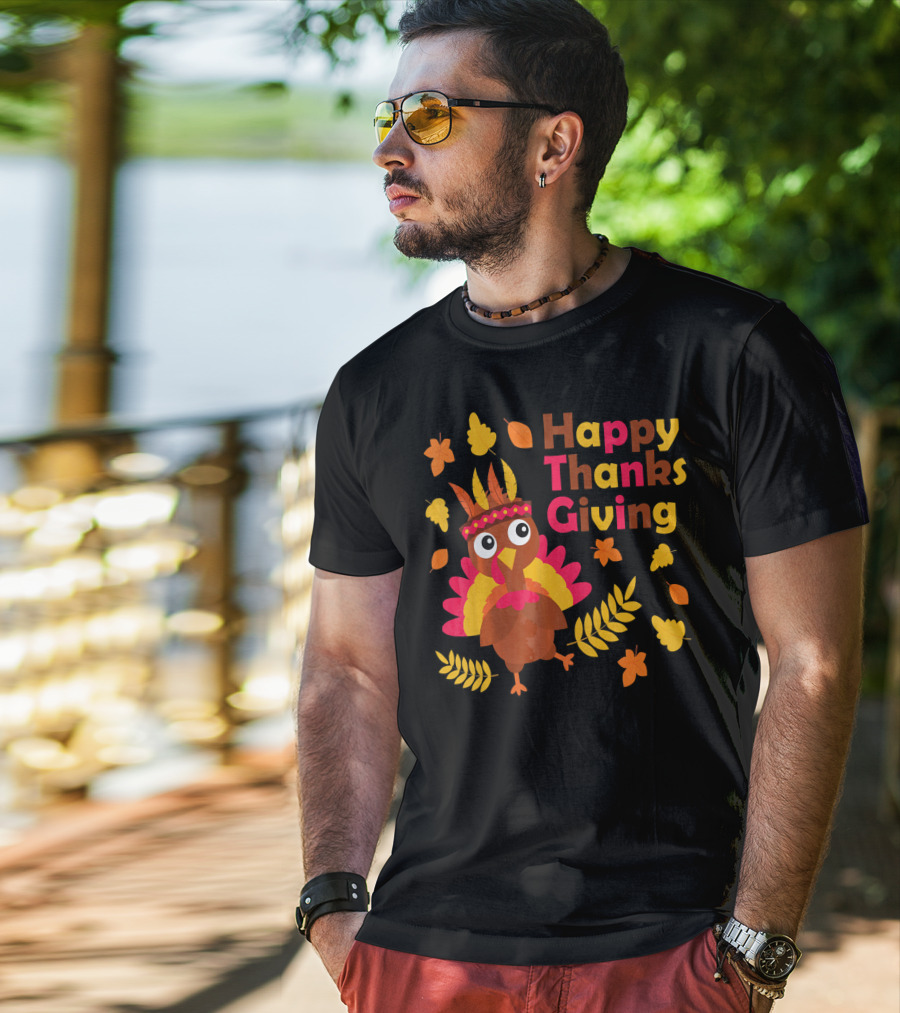 Happy Thanksgiving Cute Turkey With Native American Inspired Details And Autumn Leaves T-Shirt