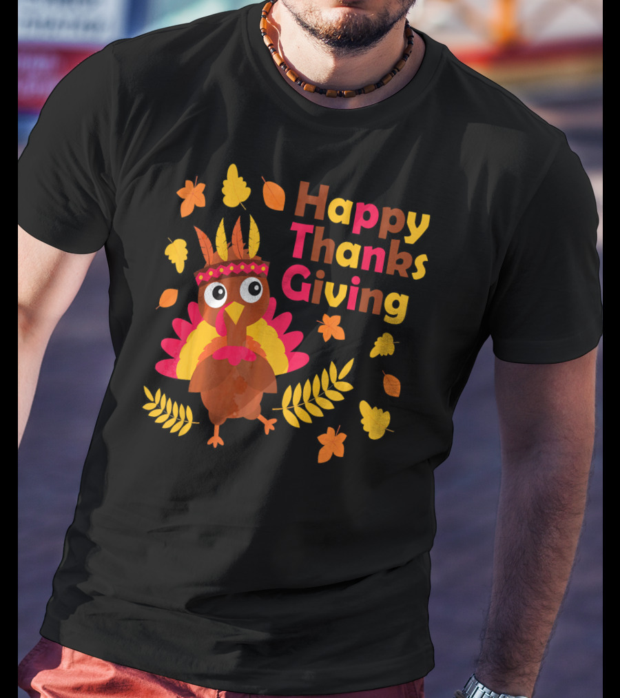 Happy Thanksgiving Cute Turkey With Native American Inspired Details And Autumn Leaves T-Shirt