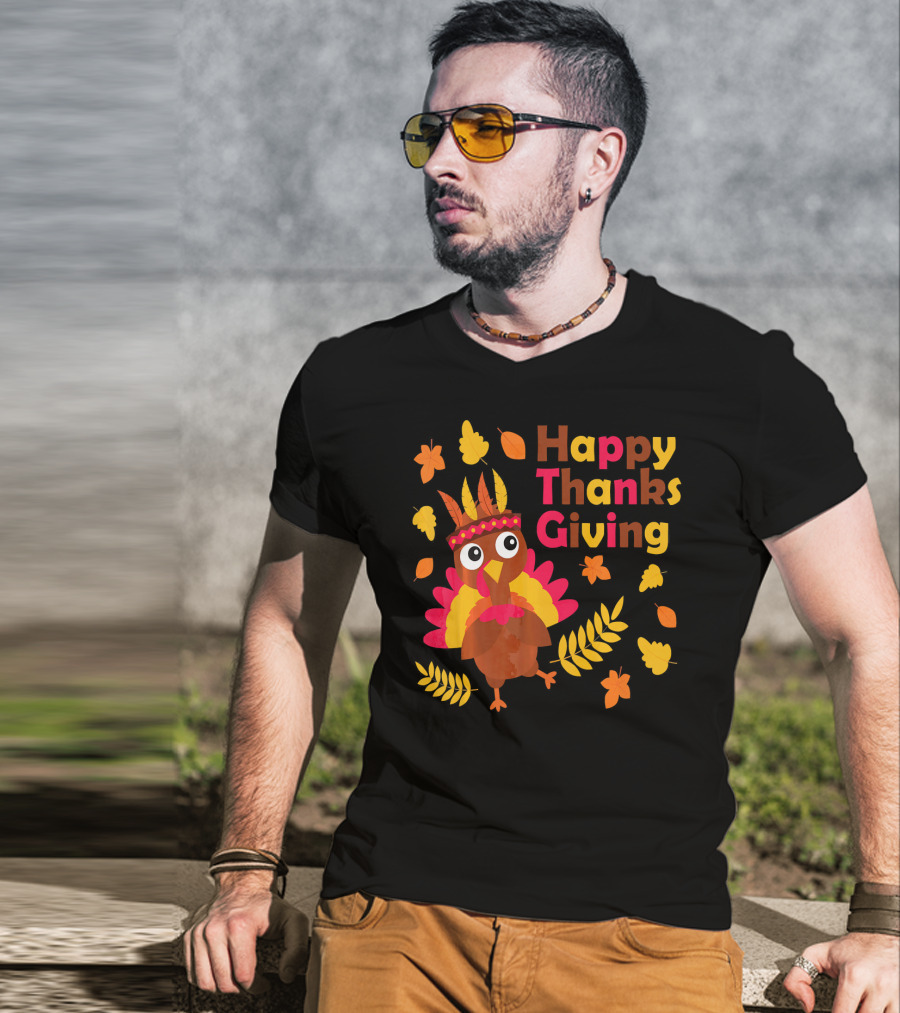 Happy Thanksgiving Cute Turkey With Native American Inspired Details And Autumn Leaves T-Shirt