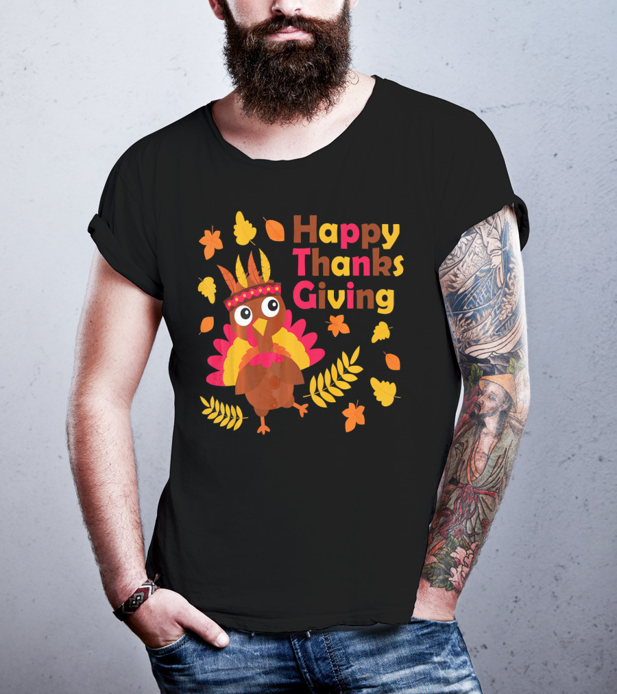 Happy Thanksgiving Cute Turkey With Native American Inspired Details And Autumn Leaves T-Shirt