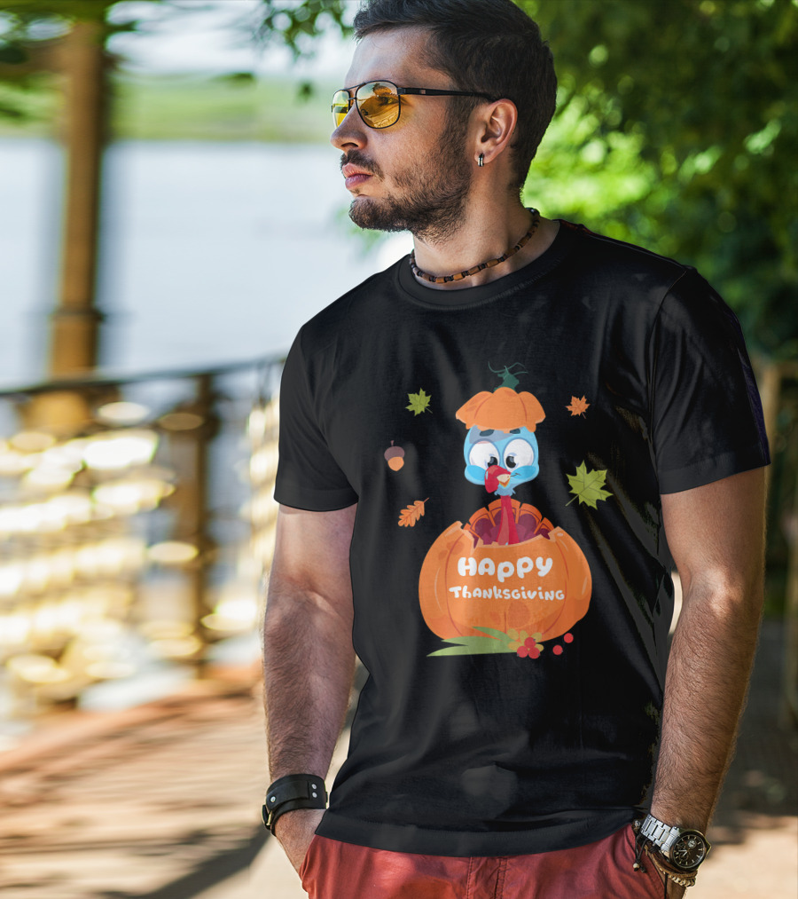 Happy Thanksgiving Cute Turkey Pilgrim In Pumpkin T-Shirt
