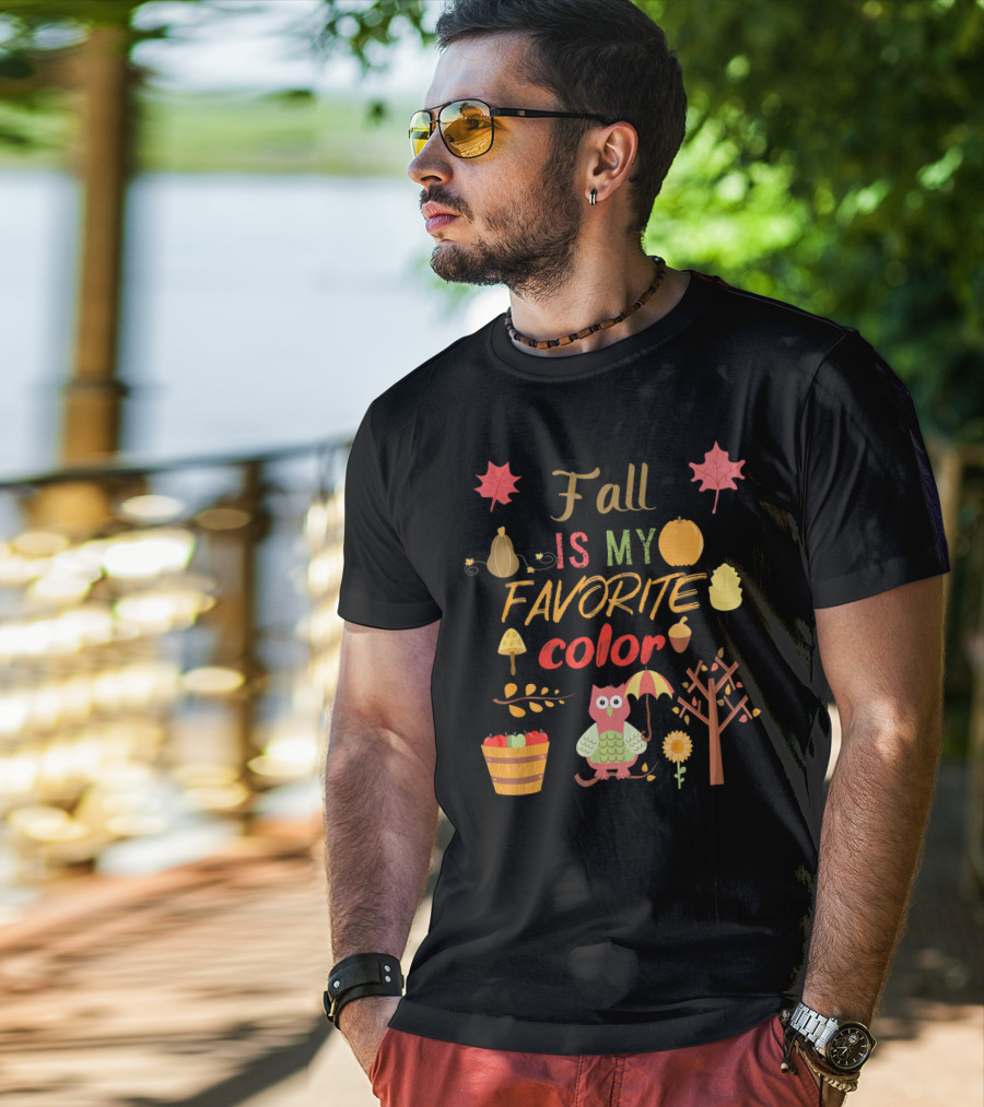 Fall Is My Favorite Color Owl With Umbrella Autumn Harvest Leaves Pumpkin Acorn T-Shirt