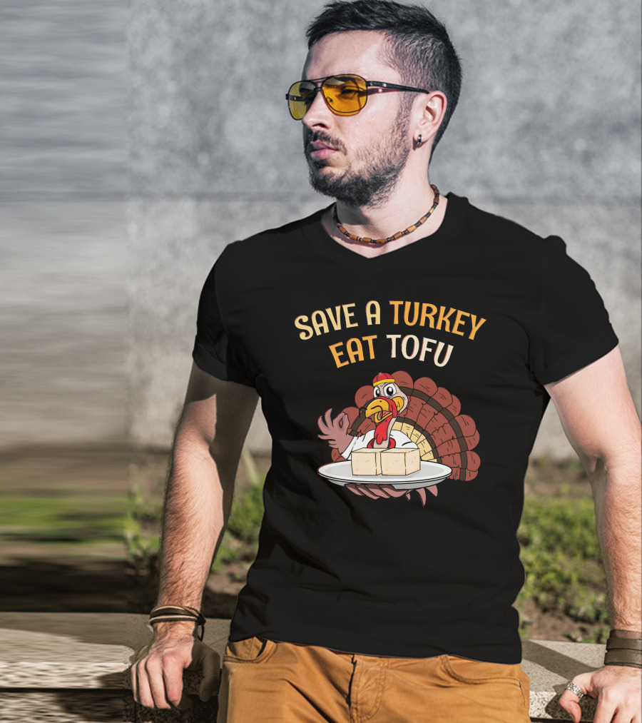 Save A Turkey Eat Tofu Thanksgiving Cartoon Turkey With Tofu Plate T-Shirt