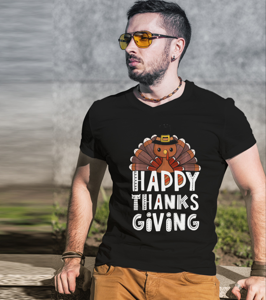 Happy Thanksgiving Funny Turkey Day With Pilgrim Hat T-Shirt