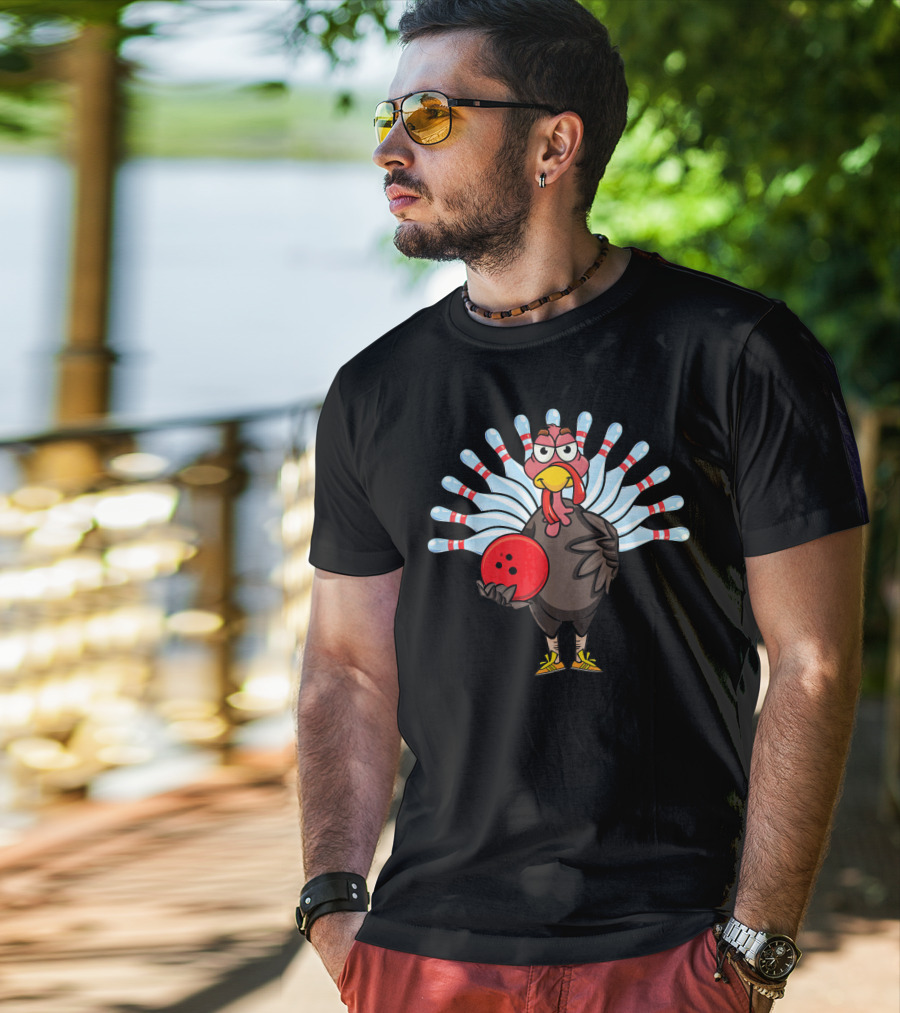 Thanksgiving Turkey Holding Bowling Ball With Pin Feathers T-Shirt