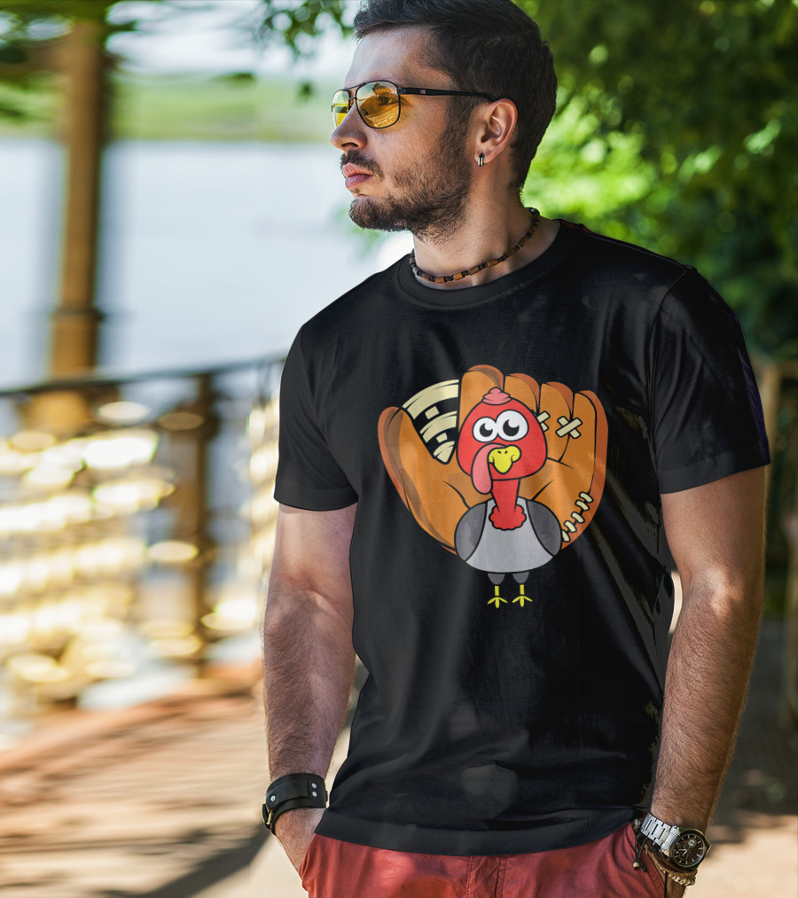 Turkey Day Cute Thanksgiving Boys Turkey With Baseball Glove T-Shirt