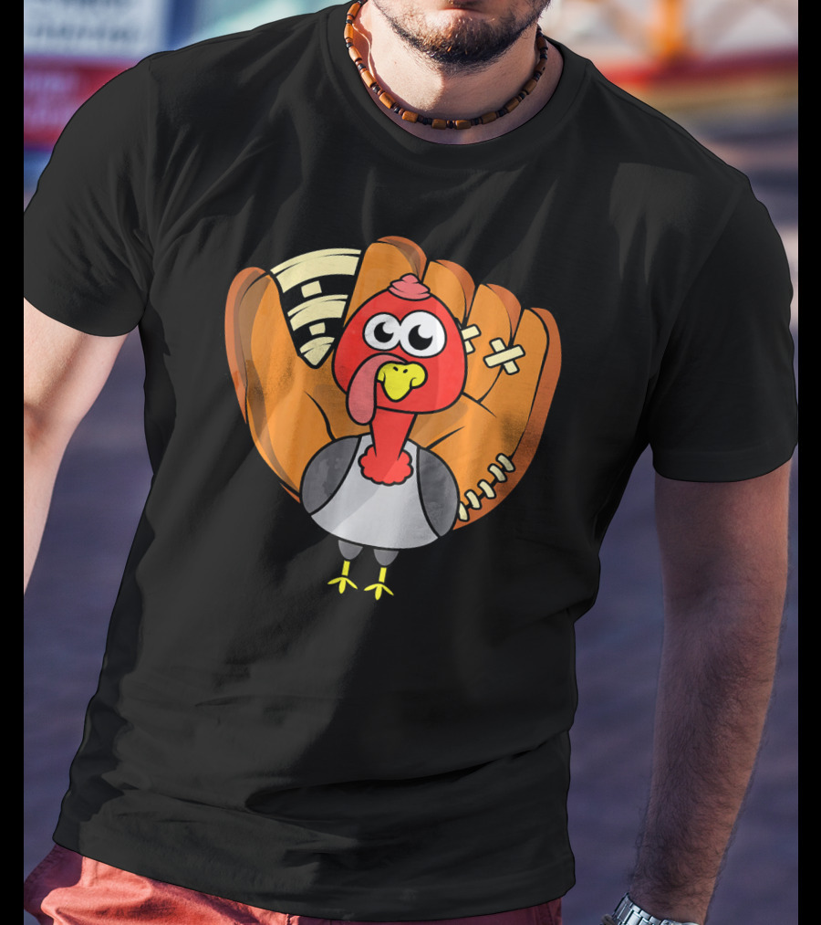 Turkey Day Cute Thanksgiving Boys Turkey With Baseball Glove T-Shirt