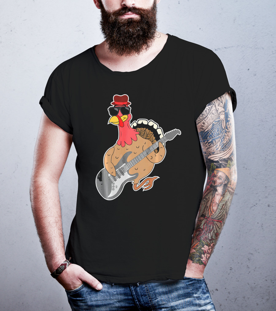 RockStar Turkey With Guitar Funny Thanksgiving T-Shirt
