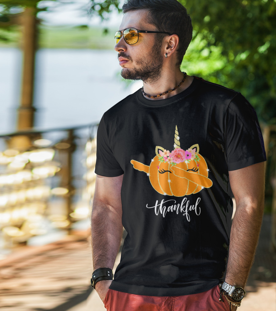 Thankful Dabbing Pumpkin Unicorn With Floral Crown T-Shirt