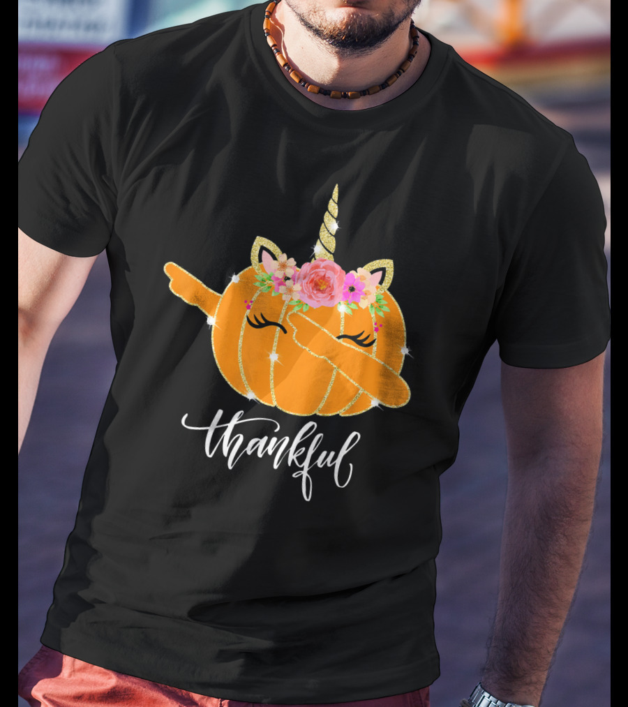 Thankful Dabbing Pumpkin Unicorn With Floral Crown T-Shirt