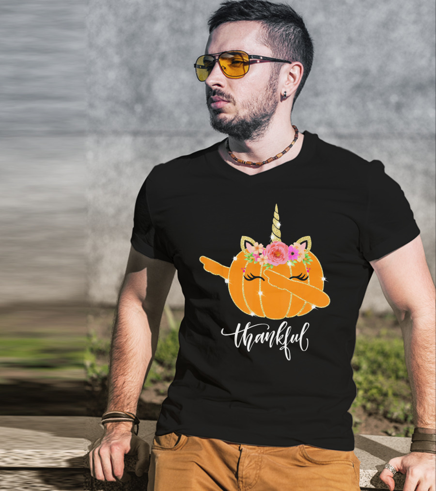 Thankful Dabbing Pumpkin Unicorn With Floral Crown T-Shirt