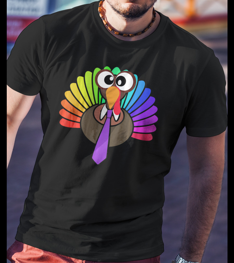 Turkey Face Tie Thanksgiving Colorful Feathers T-Shirt