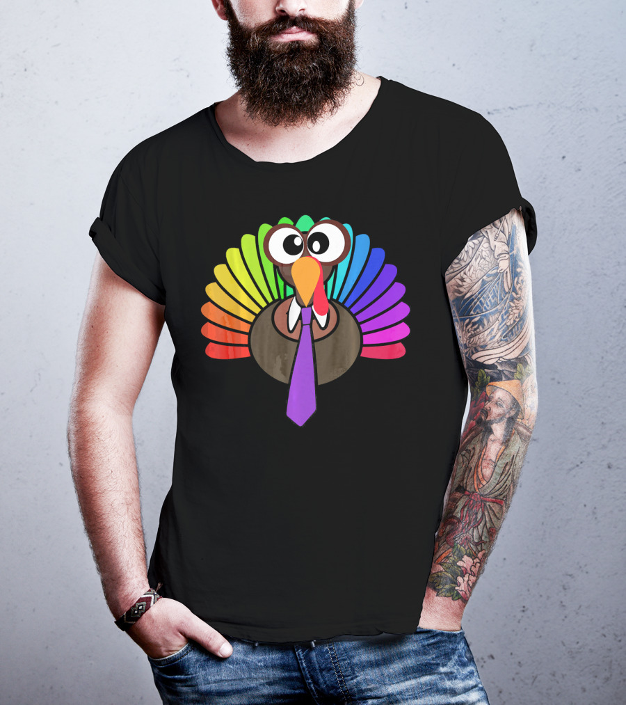 Turkey Face Tie Thanksgiving Colorful Feathers T-Shirt