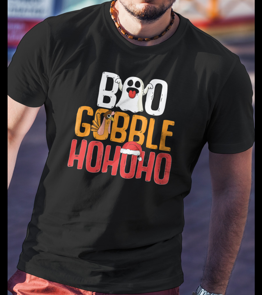 BOO GOBBLE HOHOHO Ghost Turkey Santa Hat T-Shirt