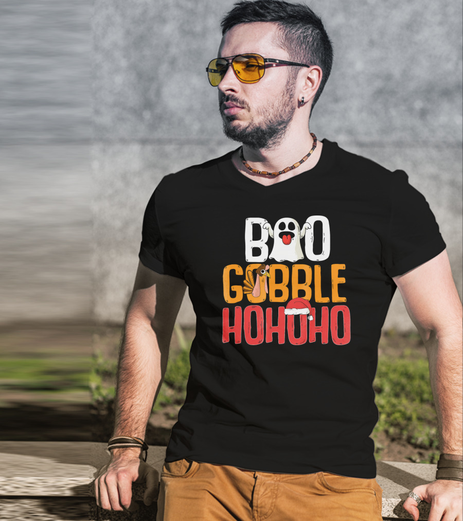 BOO GOBBLE HOHOHO Ghost Turkey Santa Hat T-Shirt