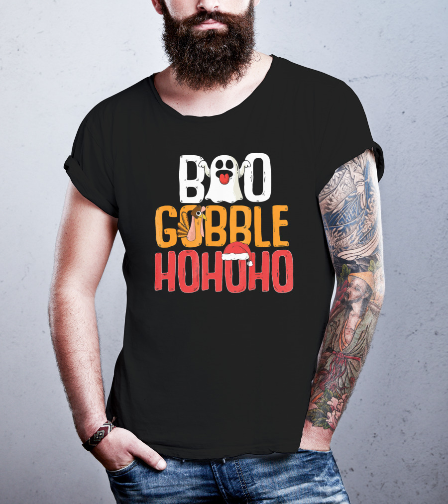 BOO GOBBLE HOHOHO Ghost Turkey Santa Hat T-Shirt