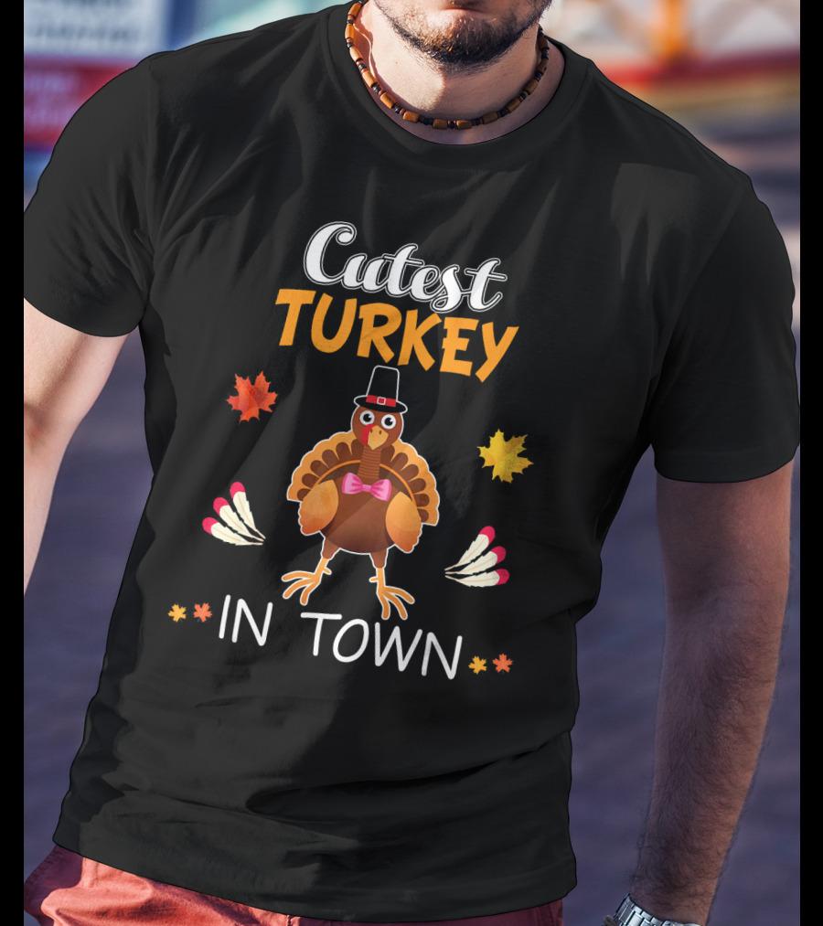 Cutest Turkey In Town Cute Turkey Fall Leaves Bowtie T-Shirt