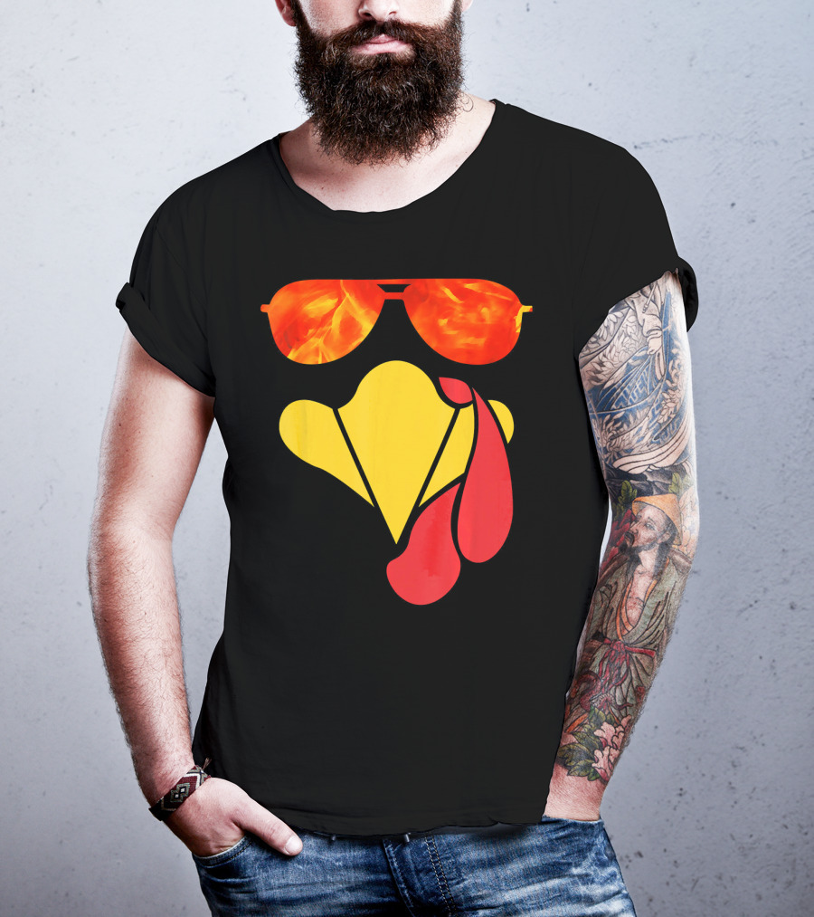 Turkey Face Thanksgiving Sunglasses Fire Flame T-Shirt
