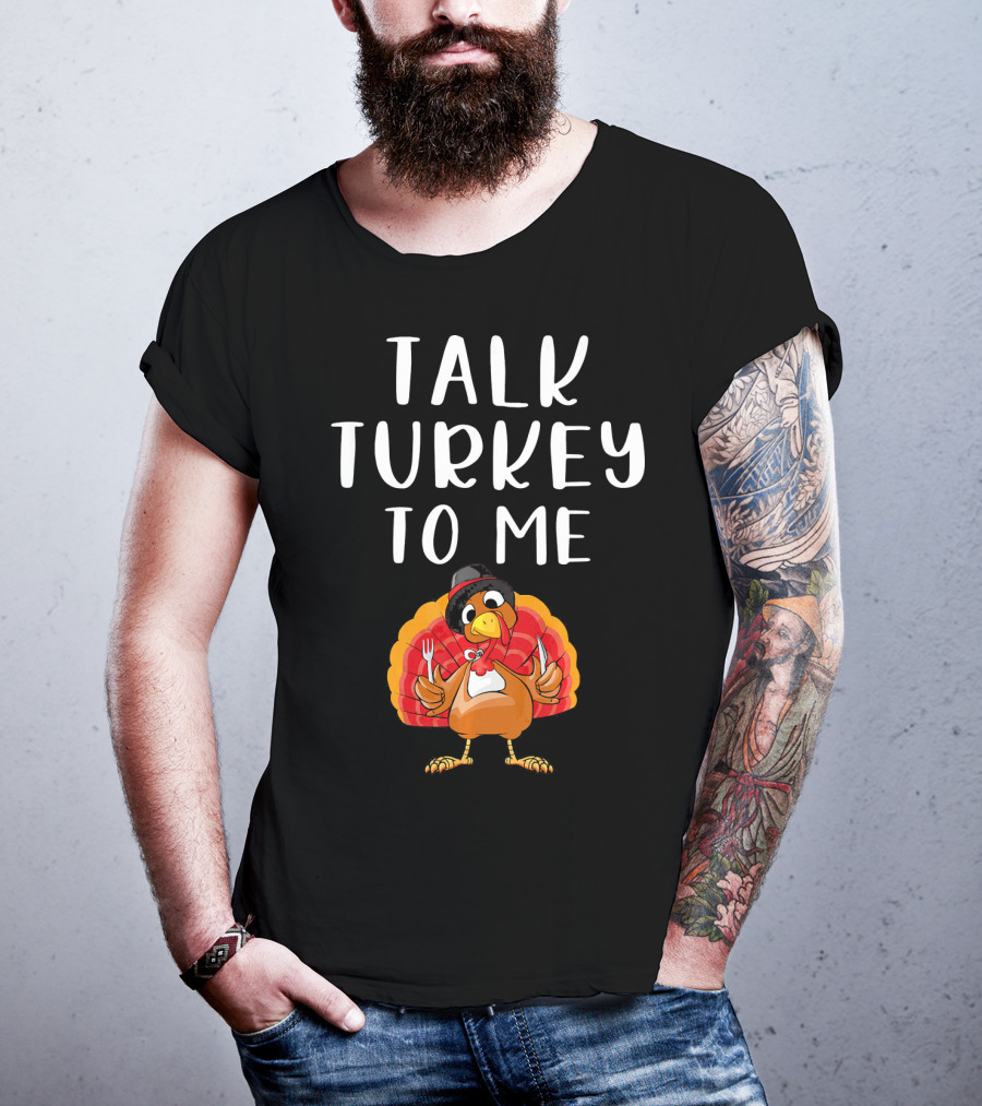 Talk Turkey To Me Thanksgiving Humor Turkey Holding Utensils T-Shirt